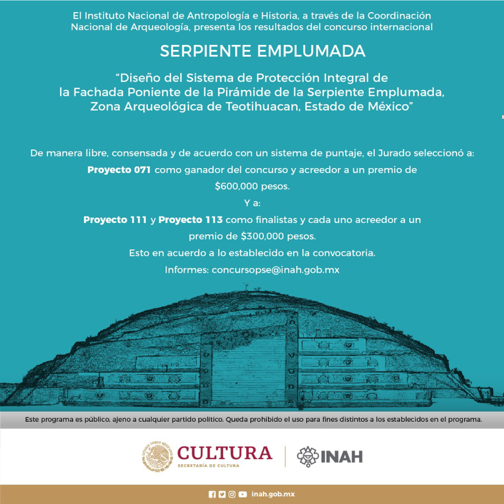 La Secretaría de Cultura del Gobierno de México y el INAH anuncian los resultados del Concurso Internacional Serpiente Emplumada