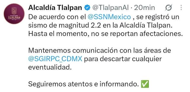 Un microsismo de magnitud 2.2 se registra en Tlalpan sin daños